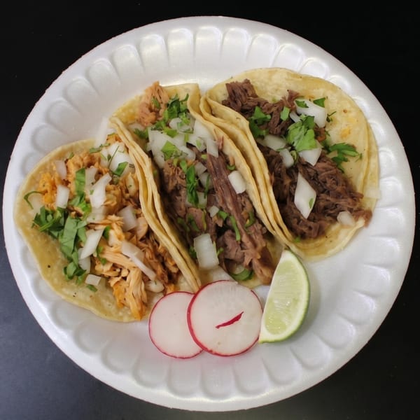 Three street tacos, one chicken and two beef, topped with onions and cilantro, with radish and lime.
